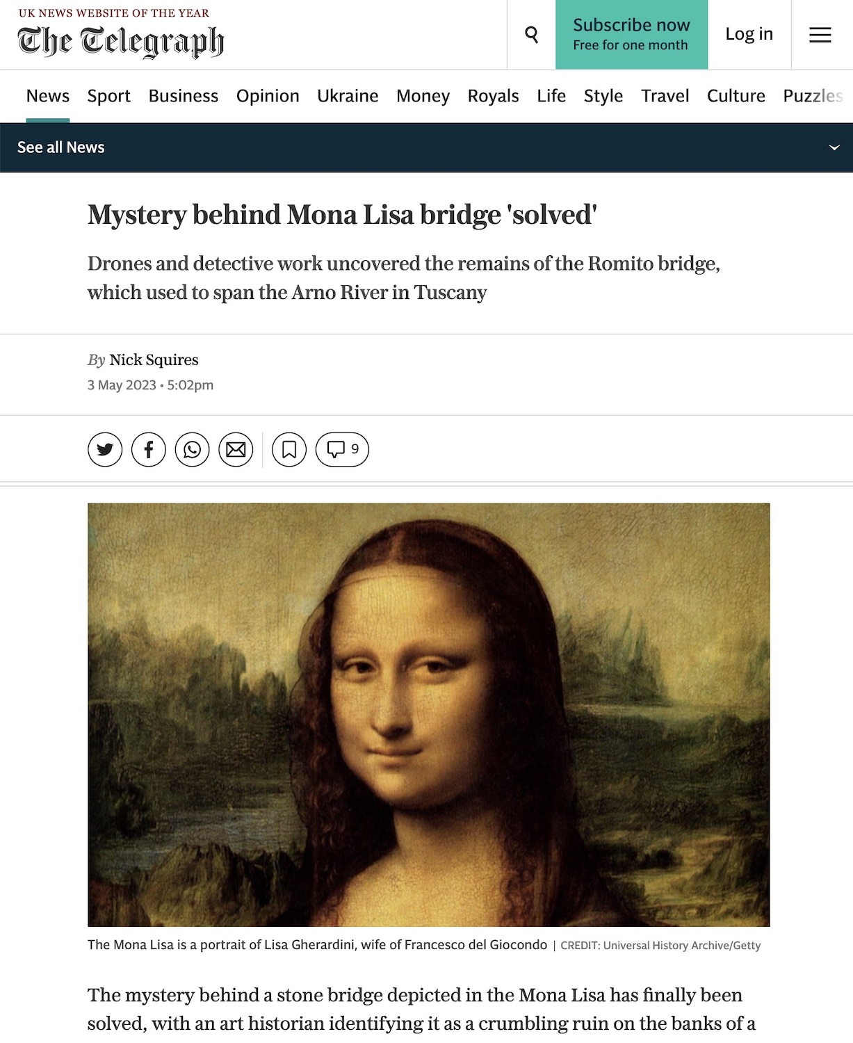 The Telegraph - Mystery behind Mona Lisa bridge 